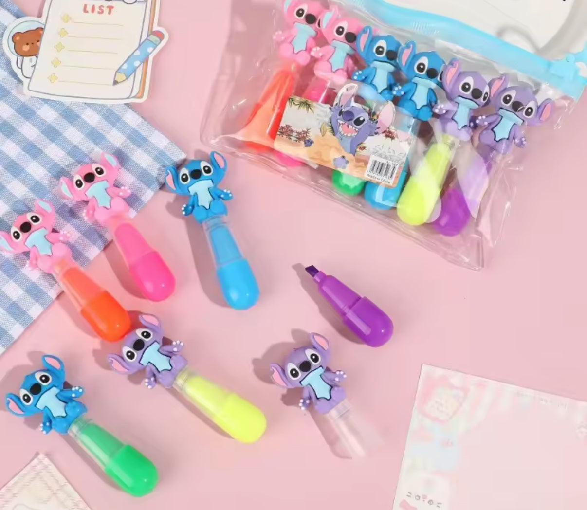 6pcs Stitch Bagged Mini Highlighter Lilo & Stitch - 6 Colour Pen Set - Cute Student Marker Stationery Gift**