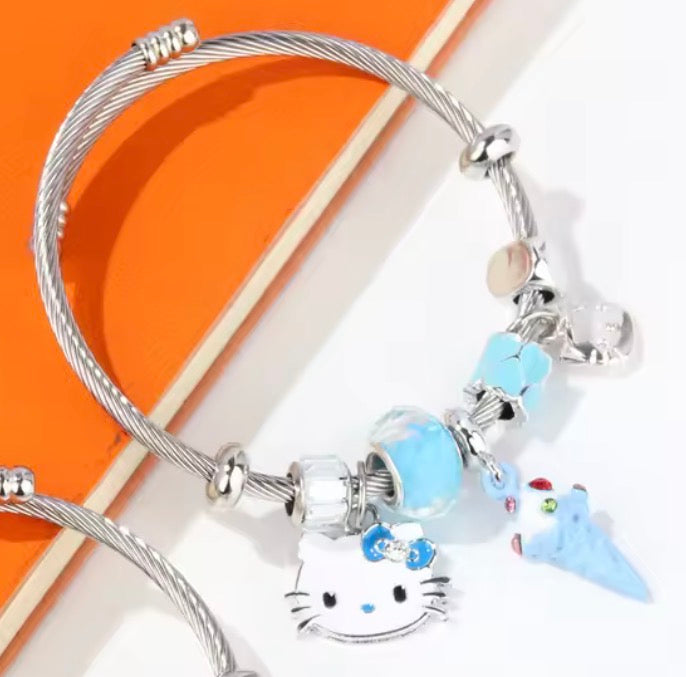 Cute Sanrio Y2K Bracelets Anime Kawaii Hello Kitty Silver Coloured Women/Girls Bangle - Jewellery Accessories - Birthday / Christmas Gift - Bracelet - Blue & Pink Themed