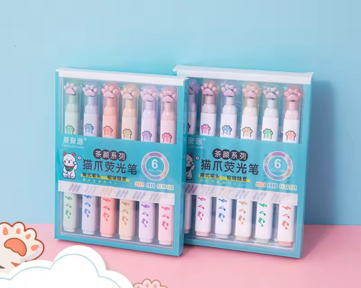 6Pcs/Set Kawaii Cat paw Fluorescent Highlighter Pens Markers Pastel Drawing Pen Student School Office Supplies Cute Stationery - Perfect Gift Idea**