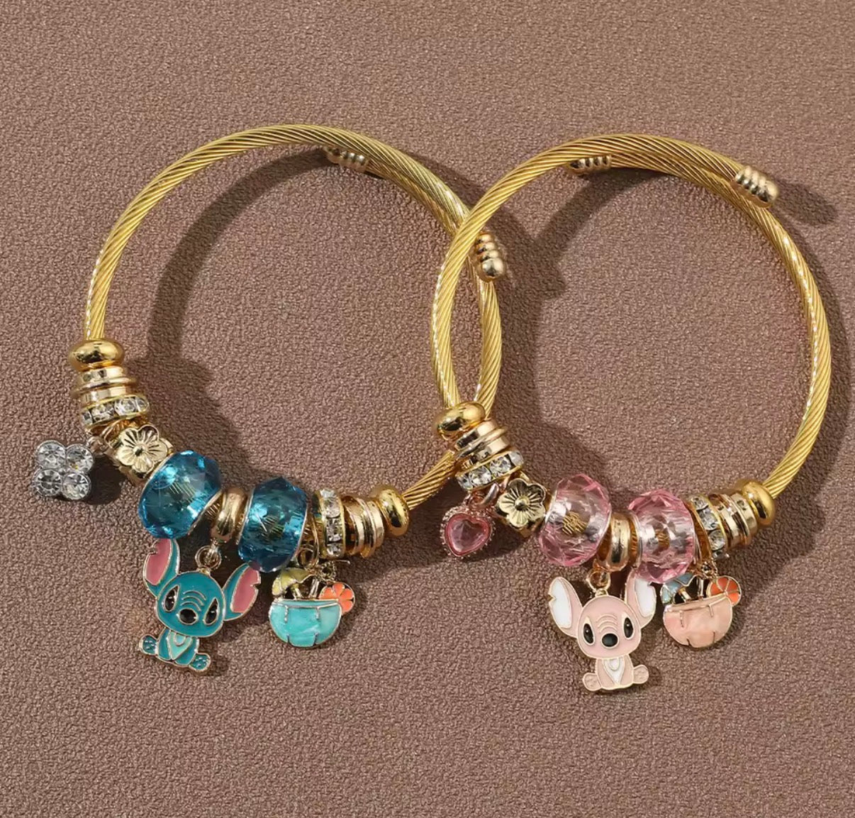 Disney Anime Lilo & Stitch Charms Bracelet - Cartoon Stitch - Beads Bangle - Blue & Pink Themed - Gold Coloured Bangle - Jewellery Gift