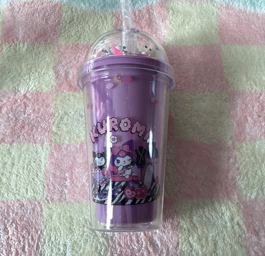Sanrio Water Cup Cartoon Bottle - Kuromi Double Layered Plastic Cup Laser Straw Cup Gifts