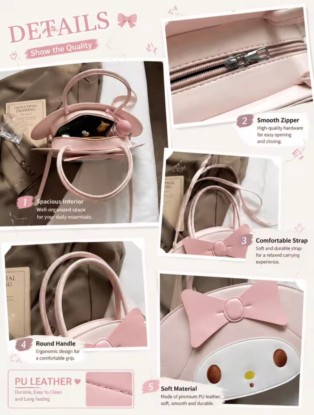 Sanrio My Melody Premium PU Leather Pink Bag Handheld Crossbody Women Girl Students Fashion Cute Spacious Gift Daily Bag (Comes With Free Charm)